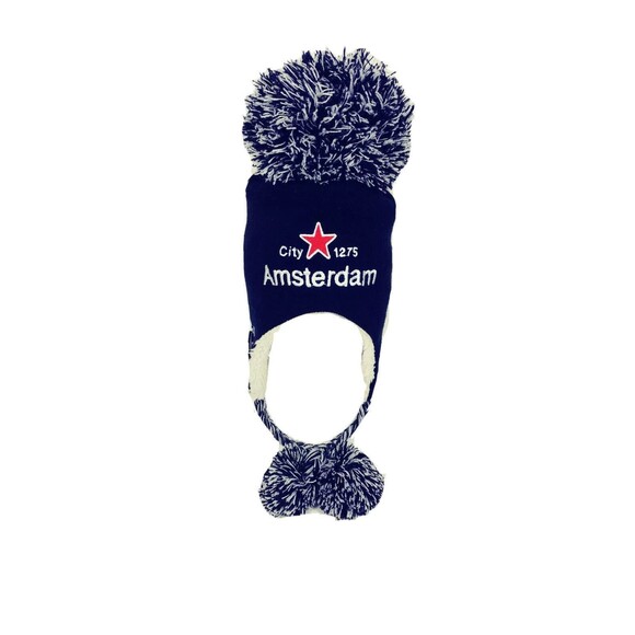 Pom Beanie Hat Knit Sherpa Fleece Flap AMSTERDAM braided black white embroidered - Picture 1 of 5